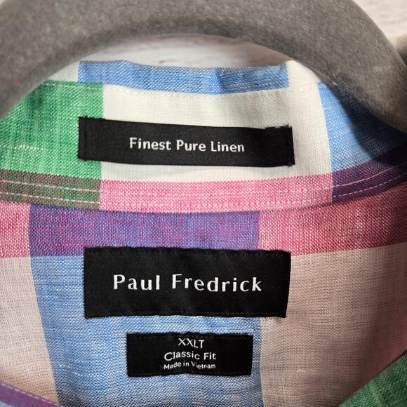 Paul Fredrick Pure Linen Classic Button Shirt 2XLT Vibrant Multi Rainbow Check - Picture 3 of 7